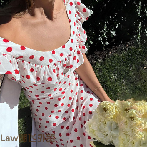 Flattering sexy floral print strapless dress格波点一字露肩收 - 图1