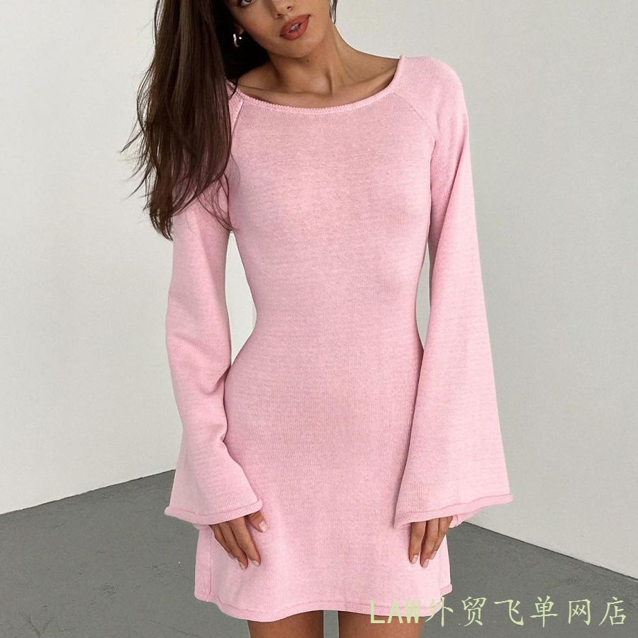 Slim  knitted dress suit长袖针织露背性感连衣裙秋冬喇叭袖紧身 - 图3