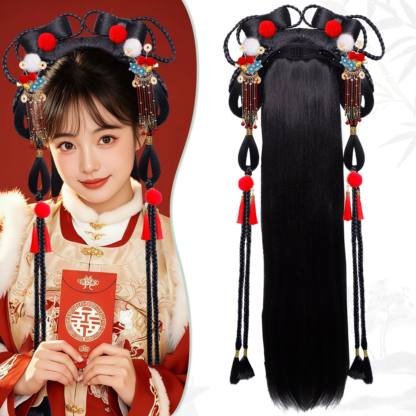 古风汉服假发包饰品可爱甜美少女长直发披发冬季毛茸兔耳发饰百搭,淘宝优惠券,粉丝福利购,淘宝优惠卷