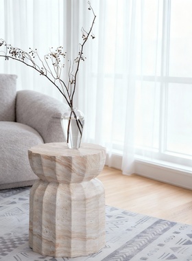 侘寂风轻奢几何洞石边几摆件