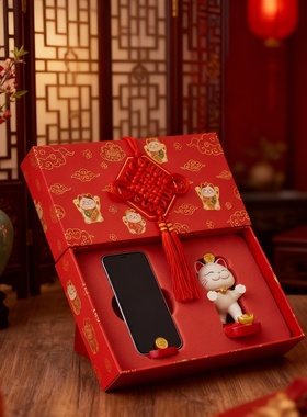 招财猫树脂内置手机支架摆件礼盒