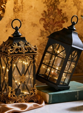 复古金属LED发光灯笼桌面摆件
