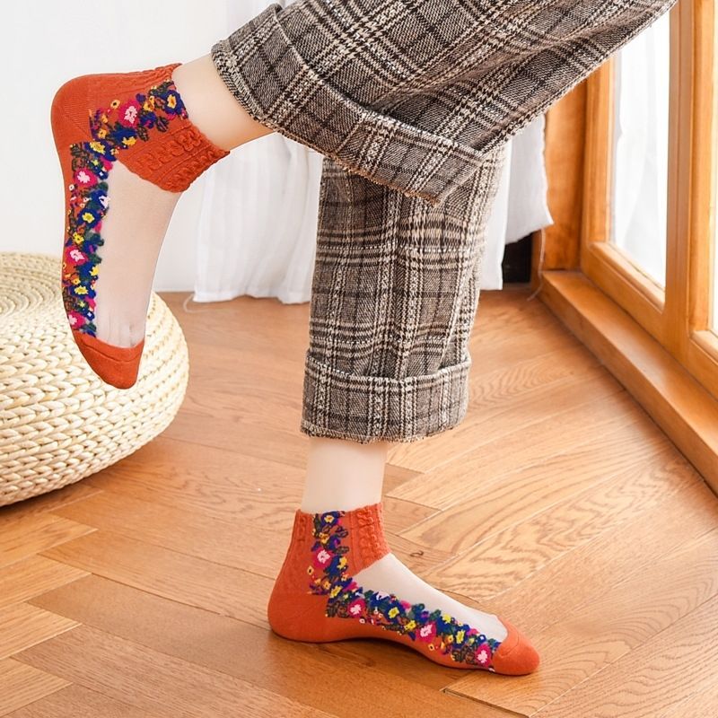 袜子女冰丝夏季复古花边短筒日系水晶船袜棉底防勾丝薄款浅口碎花 - 图1