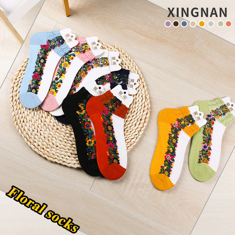 袜子女冰丝夏季复古花边短筒日系水晶船袜棉底防勾丝薄款浅口碎花 - 图2