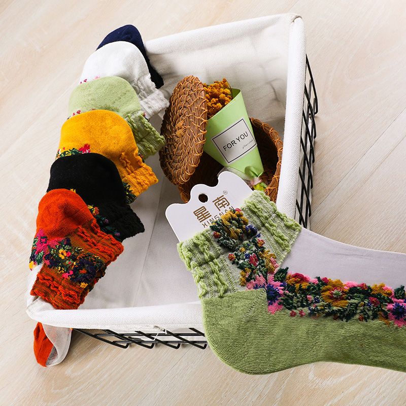 袜子女冰丝夏季复古花边短筒日系水晶船袜棉底防勾丝薄款浅口碎花 - 图0