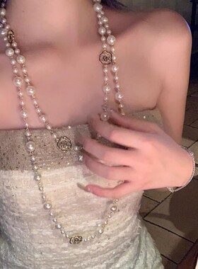 合金仿珍珠项链 矜贵小香长款山茶花珍珠项链高级感叠戴旗袍配饰