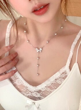 铜合金仿珍珠项链 夏日法式曼塔玫瑰珠珠蝴蝶项链女气质锁骨链