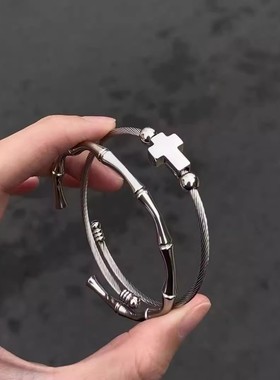 钛钢手链 小众设计十字架手环男女潮流手链情侣竹节手镯开口手饰