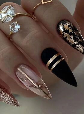 24pcs Black Stiletto Press on Nails Y2k Cat's Eye Design Man