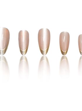 24Pcs pink cat eye French nail patches, medium almond shape,
