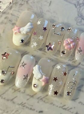 10 pieces of hand-pressed almond-shaped nails, beautiful fak