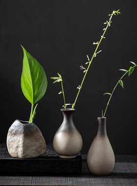 迷你陶瓷花瓶日式陶瓷花器茶桌花瓶粗陶禅意中式铜钱草家居摆件