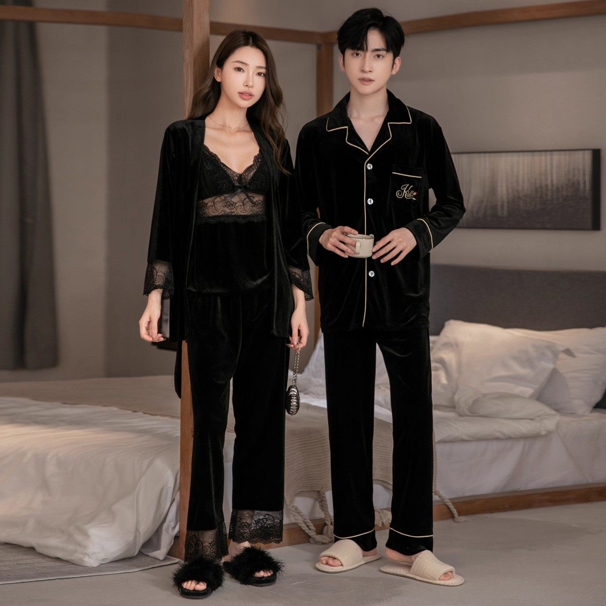 秋冬季金丝绒情侣睡衣女长袖吊带长袖三件套家居服男款可外穿套装,淘宝优惠券,粉丝福利购,淘宝优惠卷