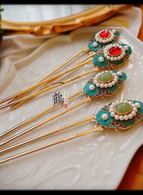 古风烧蓝滴油团花发钗旗袍发簪