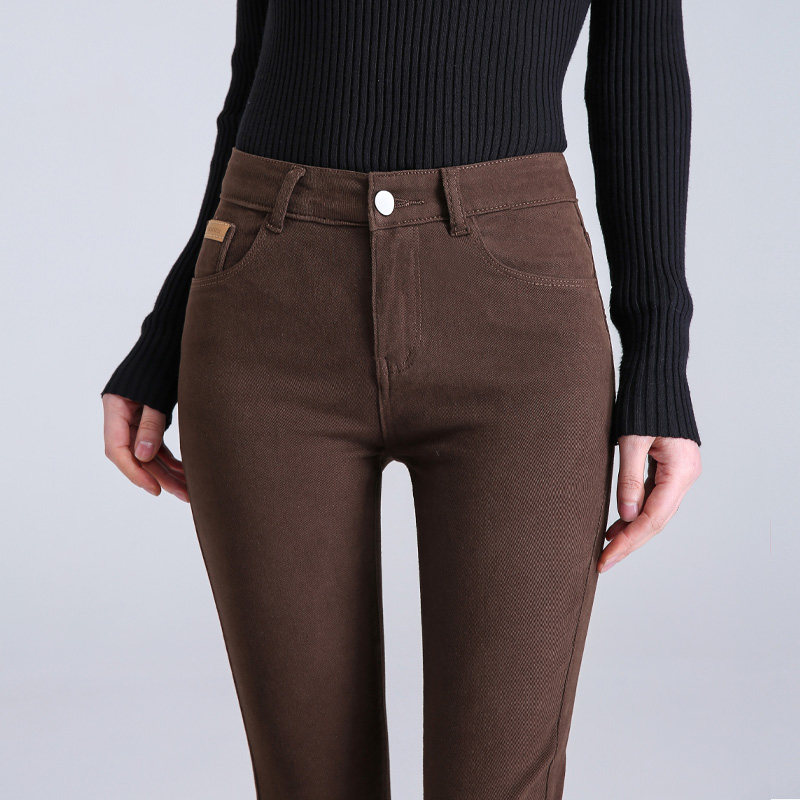 咖啡色加绒女修身2021加长牛仔裤 她暖牛仔裤