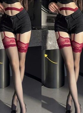 红色长筒袜吊带黑丝袜性感蕾丝一体女丝袜情调纯欲蕾丝花边吊带袜