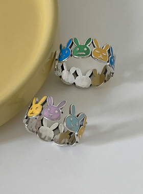多巴胺小兔戒指~彩色滴胶兔子戒指型简约ins卡通生肖指环手饰品