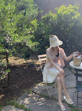 韩国代购编制空顶帽 春夏简约编织净版大檐带防风带渔夫帽盆帽女