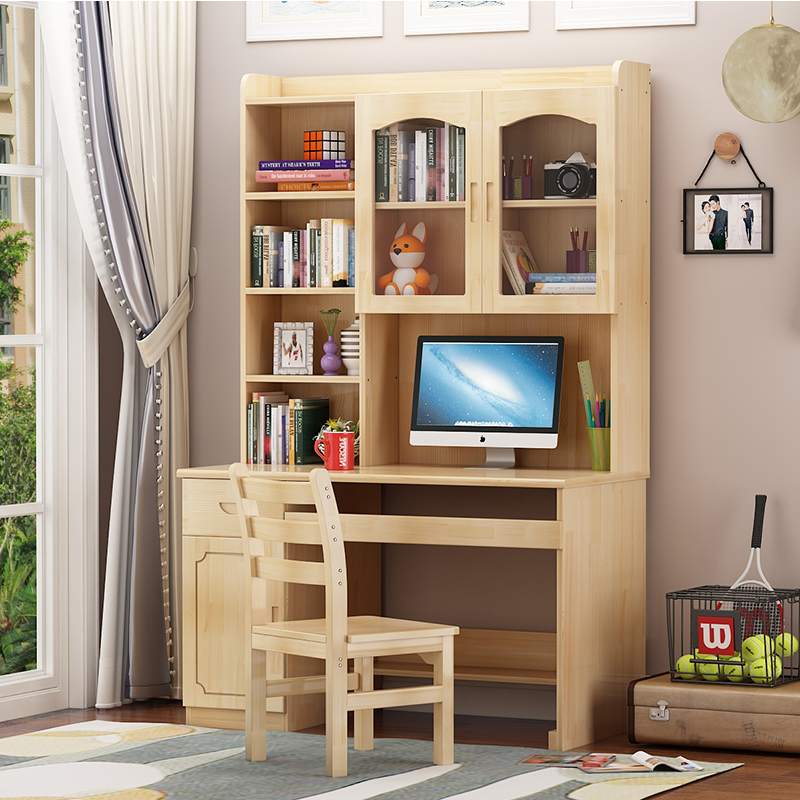 实木书桌书架组合小户型写字台家用卧室女孩学生阳台书柜书桌一体-图1