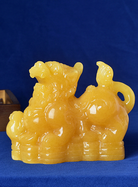 天然黄玉貔貅玉石摆件一对