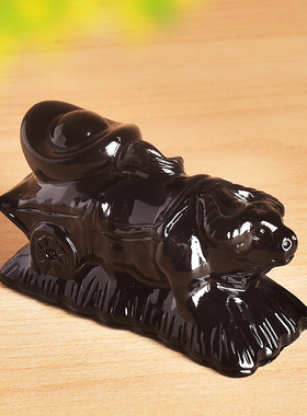 天然黑曜石墨玉牛拉元宝招财聚宝盆白菜玄关摆件风水生肖家居