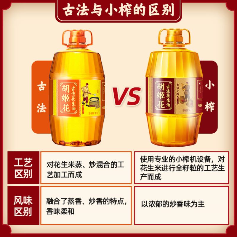 胡姬花古法小榨花生油4L家用大桶装纯正浓香物理压榨一级食用油
