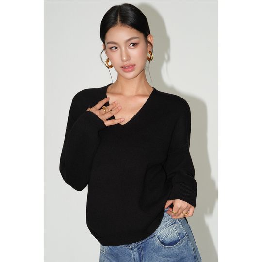 NEVA HU 午茶小调 宽松慵懒风v领毛衣女气质休闲高级感针织衫上衣