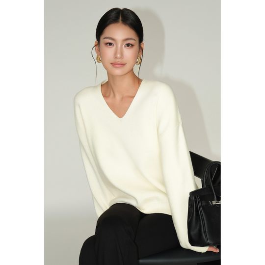 NEVA HU 午茶小调 宽松慵懒风v领毛衣女气质休闲高级感针织衫上衣
