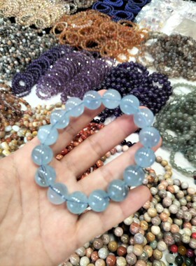 海蓝宝手链女冰种魔鬼蓝海蓝宝原石单圈散珠蓝色珠子单圈串珠手串