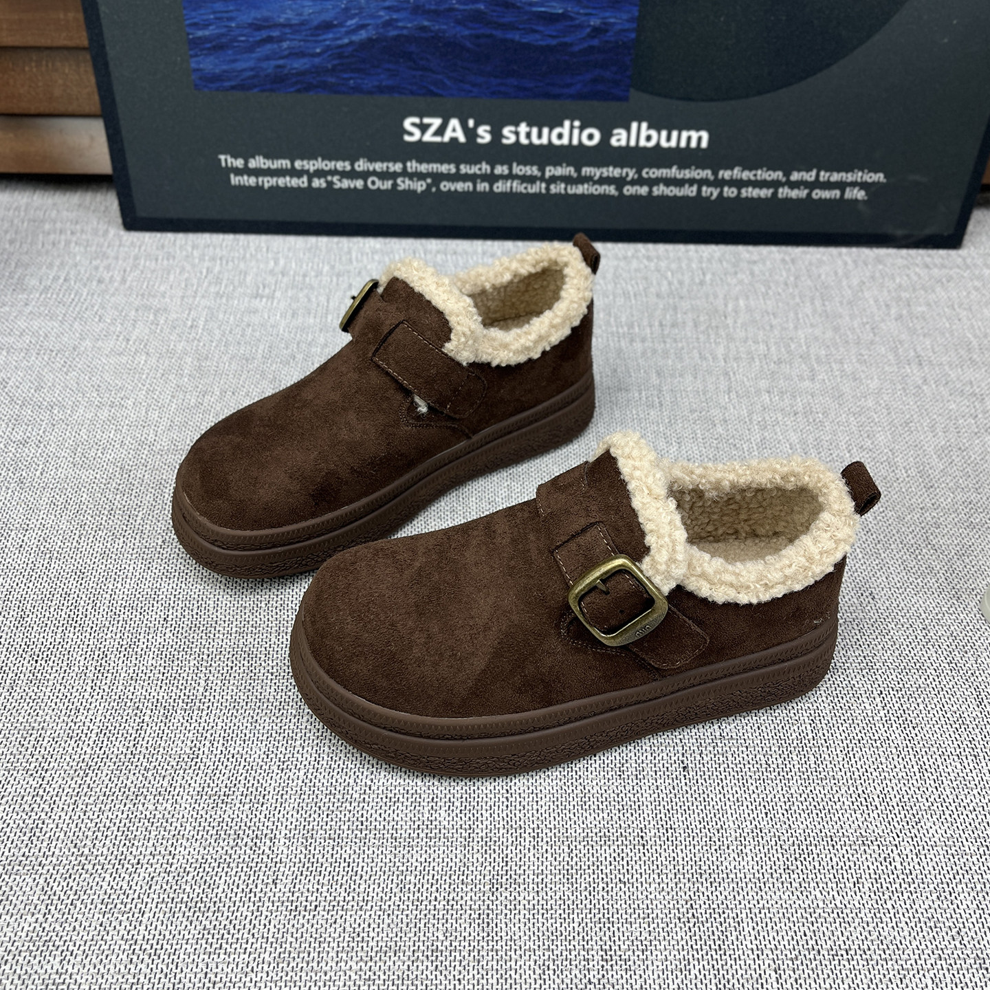 2025冬季新款复古厚底毛毛口勃肯鞋女魔术贴百搭加绒软底休闲棉鞋,淘宝优惠券,粉丝福利购,淘宝优惠卷