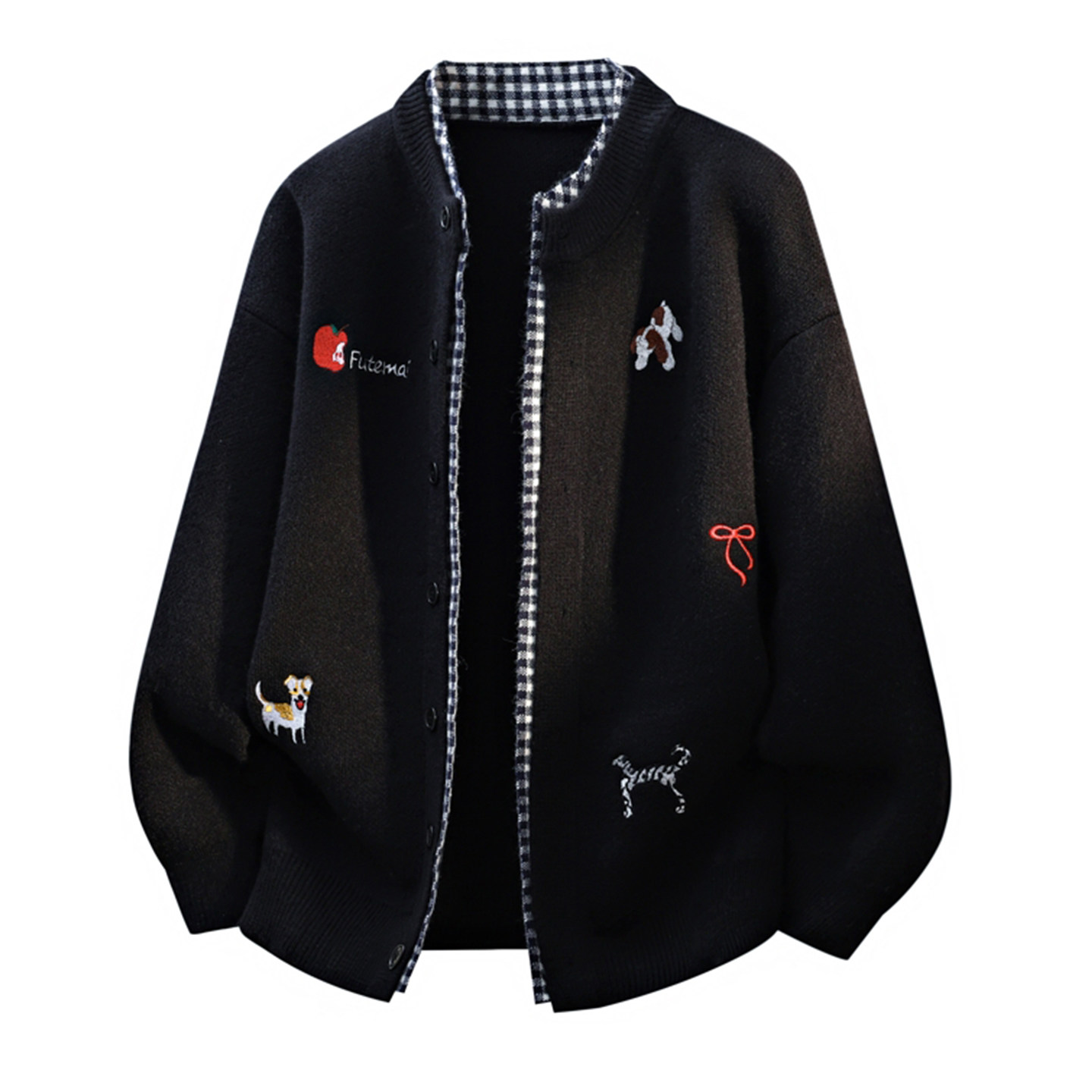 拉夏贝尔格子拼接假两件毛衣开衫冬季男刺绣慵懒风针织外套情侣装,淘宝优惠券,粉丝福利购,淘宝优惠卷