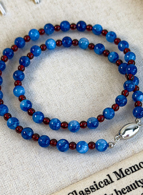 新中式深邃蓝色石头红色玻璃撞色串珠元宝扣项链短款锁骨链颈链女