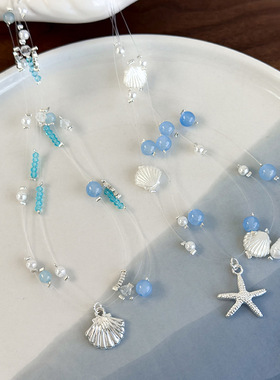 夏日海边度假风蓝色水晶玻璃珠鱼线三股海洋项链简约百搭拍照配饰