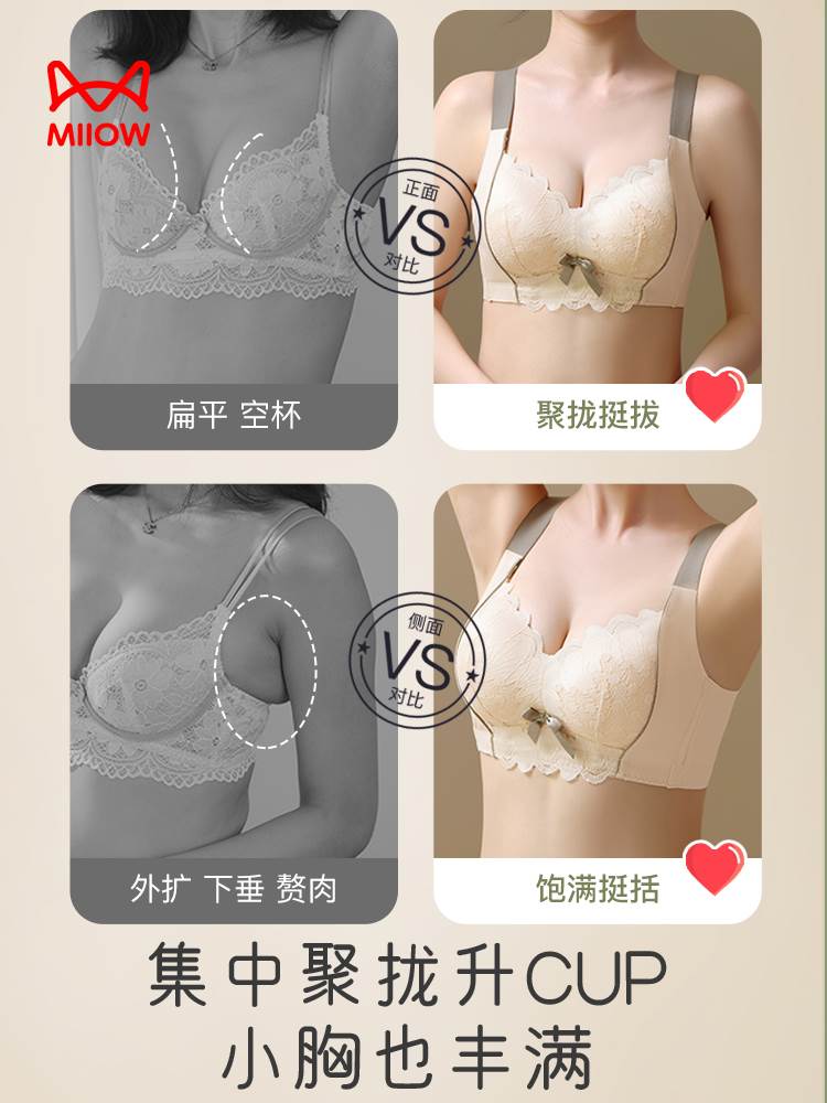 猫人内衣女小胸聚拢显大防下垂收副乳无钢圈调整型性感蕾丝文胸罩