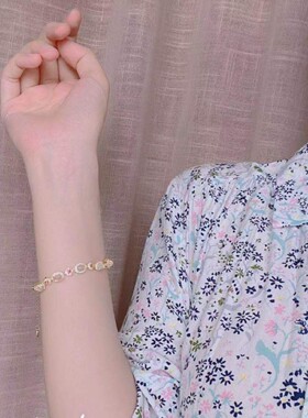 小众复古天然粉碧玺白玉髓好运手链手环铜镀金 少女款礼物送女孩