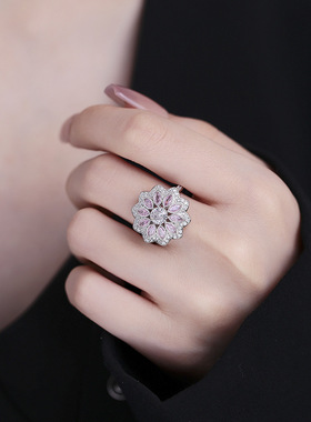 T家高级珠宝系列开口戒指女S925通体纯银微镶粉色锆石公主风银饰