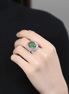海瑞糖果系列S925纯银高碳钻祖母绿色开口戒指女冰花切轻奢钻戒