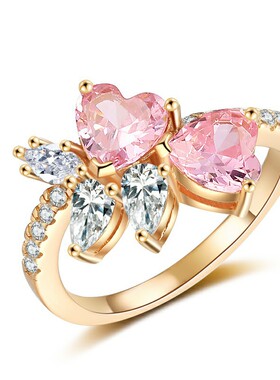 s925纯银女戒指镀玫瑰金色镶嵌心形粉色指环高级婚礼珠宝现货批发