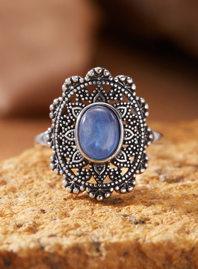 S925纯银复古泰银彩宝戒指女宫廷镂空花纹多色天然宝石爆款食指戒