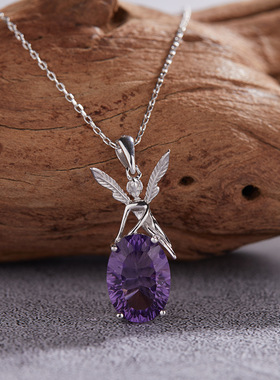 s925纯银镶嵌天然彩宝紫水晶吊坠天使项链女欧美跨境抖音直播爆款