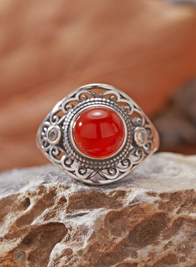 个性复古泰银彩宝戒指女S925纯银天然碧玉青金红刚玉托帕石食指戒