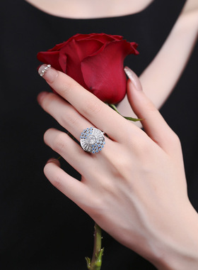 欧美时尚气质开口戒指女925通体纯银海蓝色锆石1克拉白钻求婚戒指