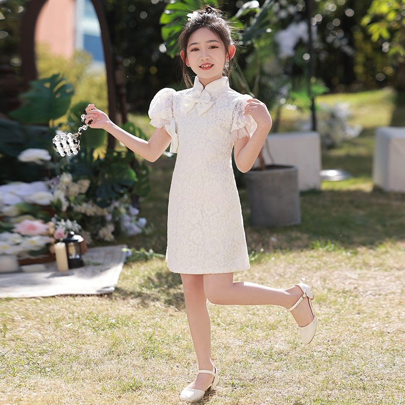 女童旗袍白色国潮儿童中国风礼服走秀宝宝连衣裙小女孩唐装夏季女