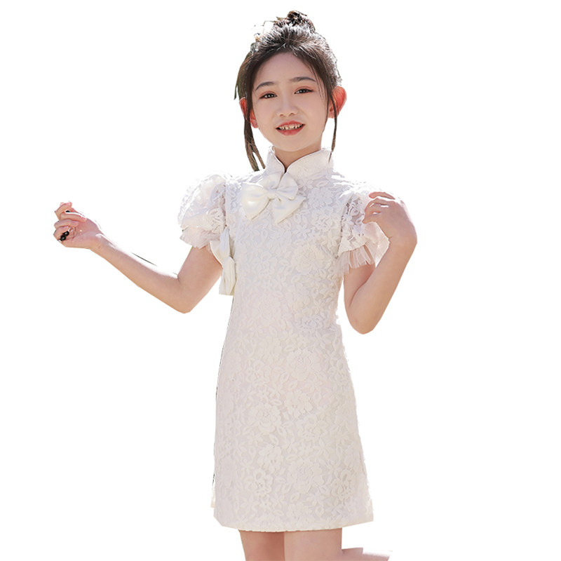 女童旗袍白色国潮儿童中国风礼服走秀宝宝连衣裙小女孩唐装夏季女