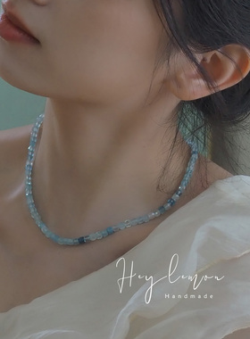 夏日森系 手工设计感天然海蓝宝方糖项链925纯银锁骨链清新温柔风