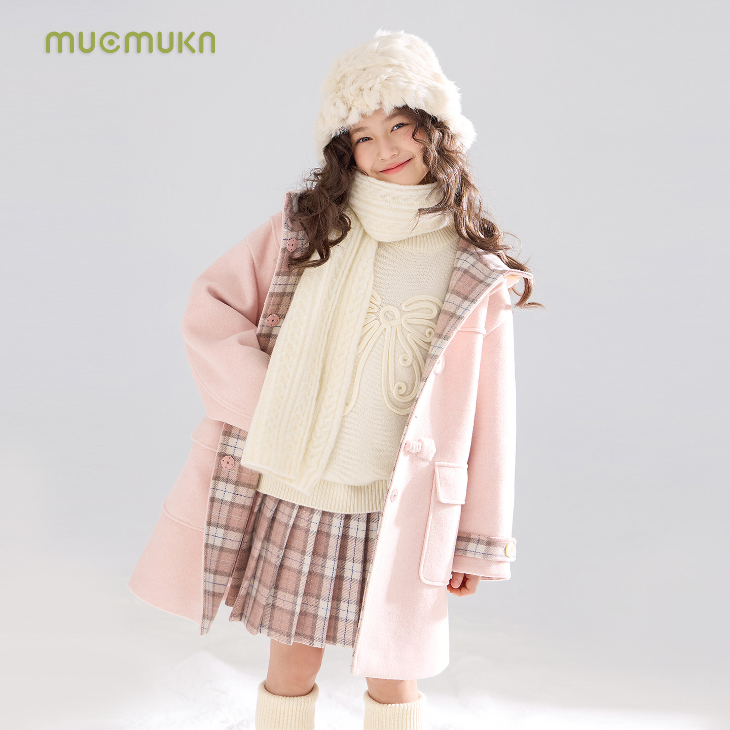 MUCMUKN【雪屋甜心】粉格拼接羊毛呢大衣3M新雪丽棉外套女童冬新,淘宝优惠券,粉丝福利购,淘宝优惠卷