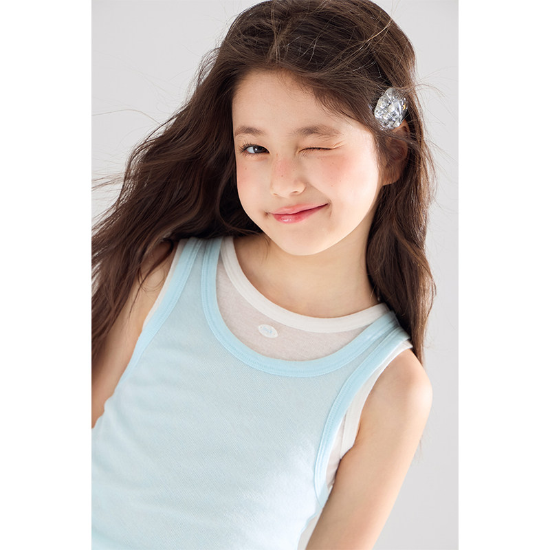 【蓝椰海盐】度假感叠穿假两件吊带背心 微透仿天丝T恤女童夏新,淘宝优惠券,粉丝福利购,淘宝优惠卷