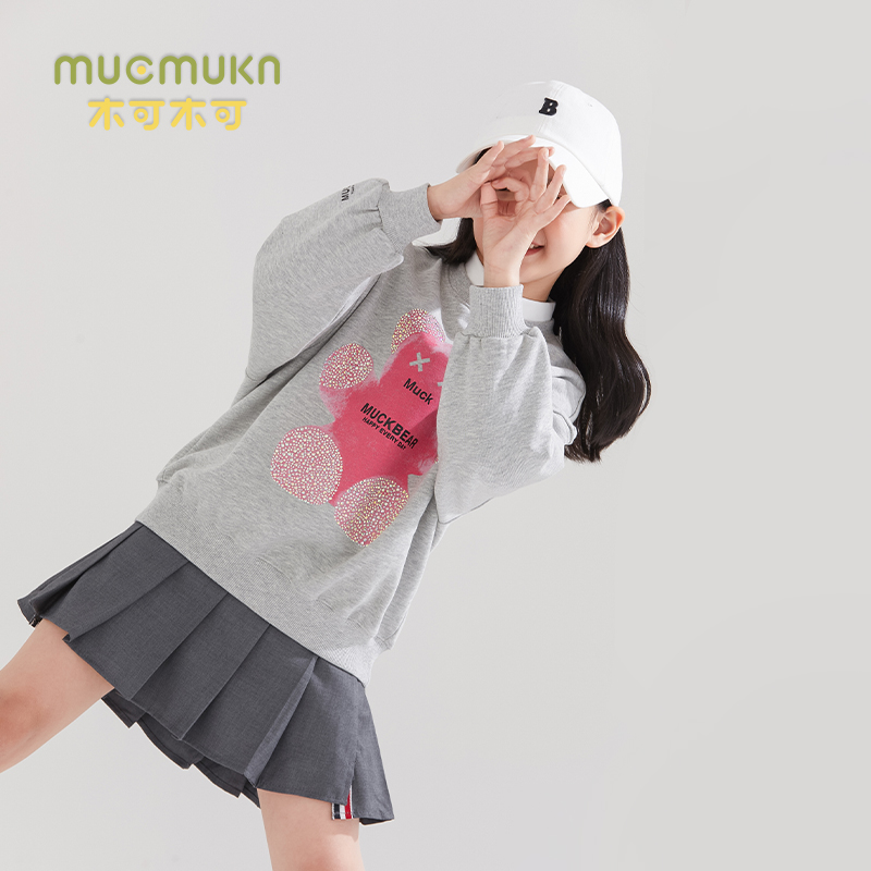 童装女童白色小熊卫衣韩系甜美时髦洋气中大童圆领长袖女孩上衣 - 图1