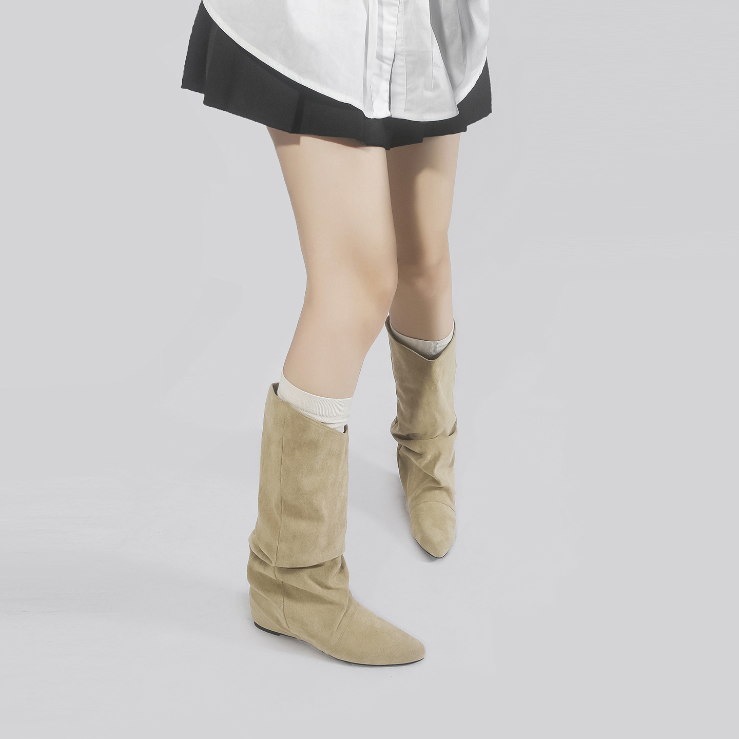 林向晚 简约慵懒~美拉德不过膝长靴女内增高西部靴复古褶皱堆堆靴 - 图2