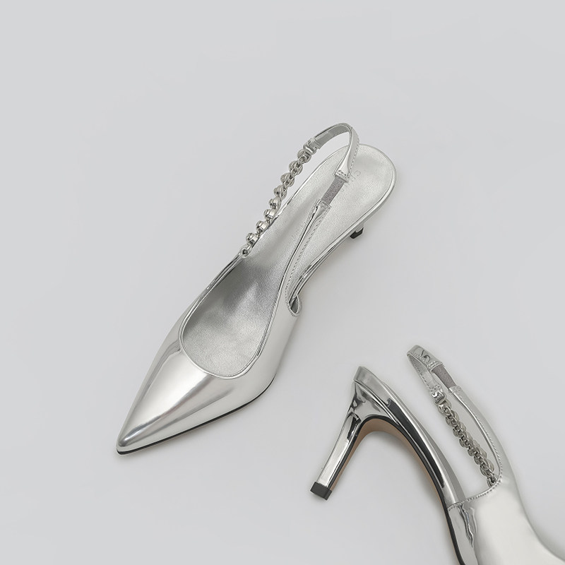 林向晚 酷飒少女~银色高跟鞋设计感小众气质名媛风链条水钻凉鞋女,淘宝优惠券,粉丝福利购,淘宝优惠卷